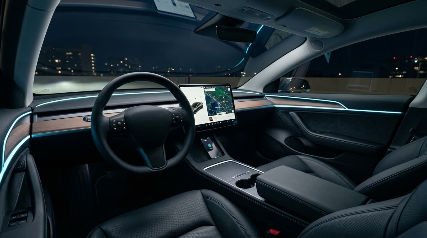 ภายในห้องโดยสาร Tesla Model 3 Highland พร้อมจอหลัง 8 นิ้วและไฟ Ambient Light